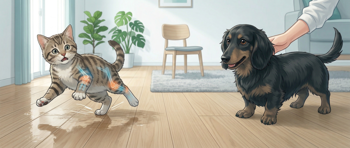 フローリングで滑る犬の関節リスクと健康への影響イメージ