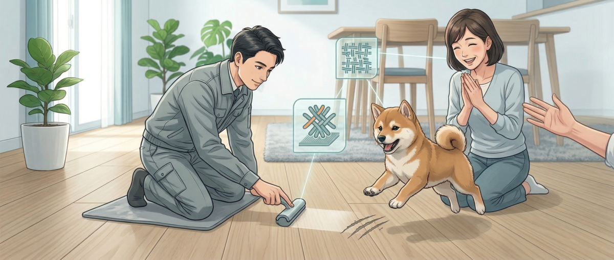 ワンニャンすべらんコーティング施工手順と専門スタッフによる作業イメージ