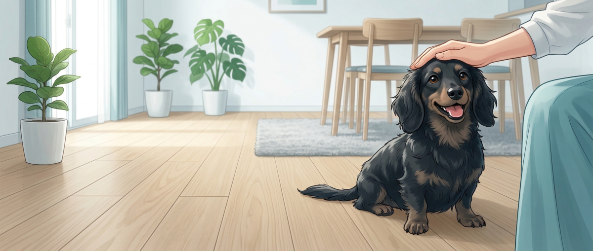 ワンニャンすべらんコーティングのマット仕上げ施工後と愛犬のイメージ