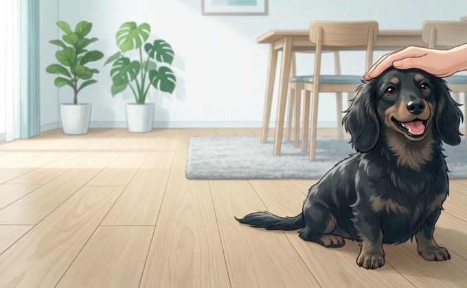 ワンニャンすべらんコーティングのマット仕上げ施工後と愛犬のイメージ