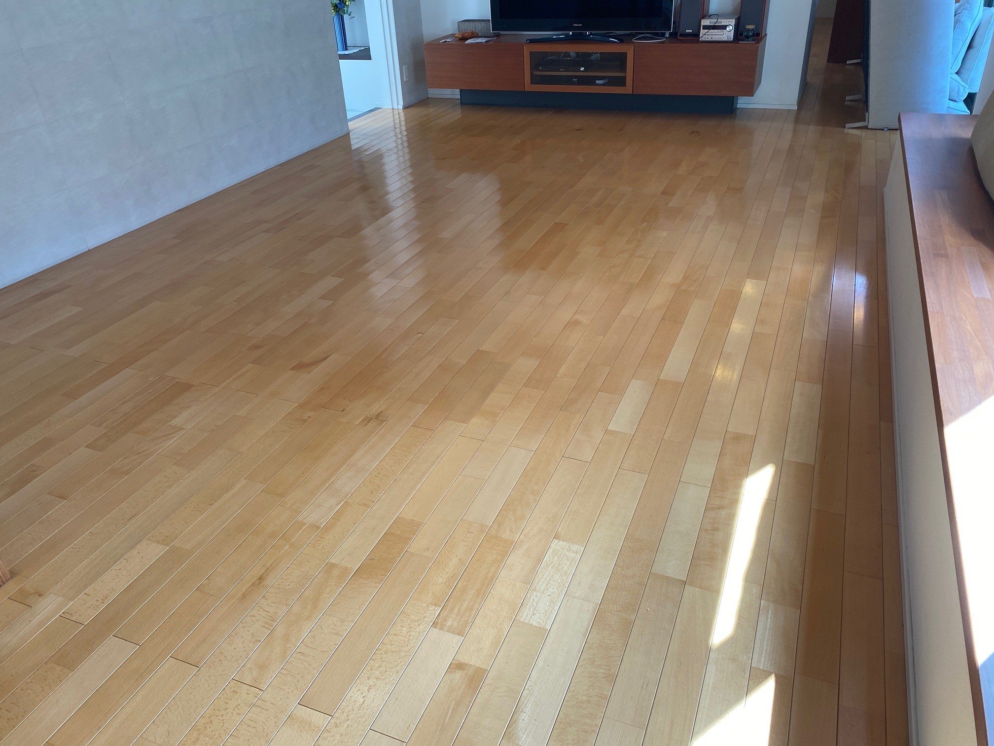 【施工前】荒川区フロアコーティングの施工前の床｜東京都荒川区のご入居中戸建てのシートフローリング（ワンニャンすべらん施工前）