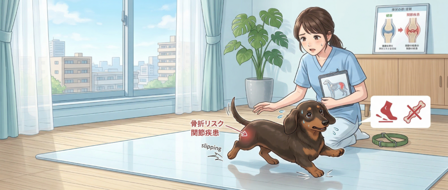 フローリングで滑る犬の関節疾患リスクと骨折予防のイメージ