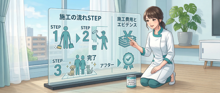 ワンニャンすべらんコーティング東京の施工費用と施工の流れSTEPイメージ