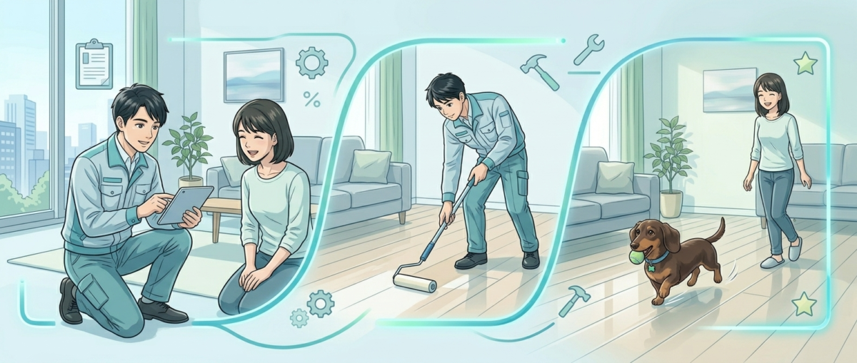 東京練馬区ワンニャンすべらんショールームでペットと床を体験するイメージ