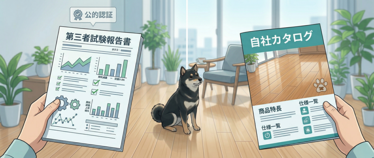 第三者機関の試験結果報告書と自社カタログを比較するペット用フロアコーティング選びのイメージ
