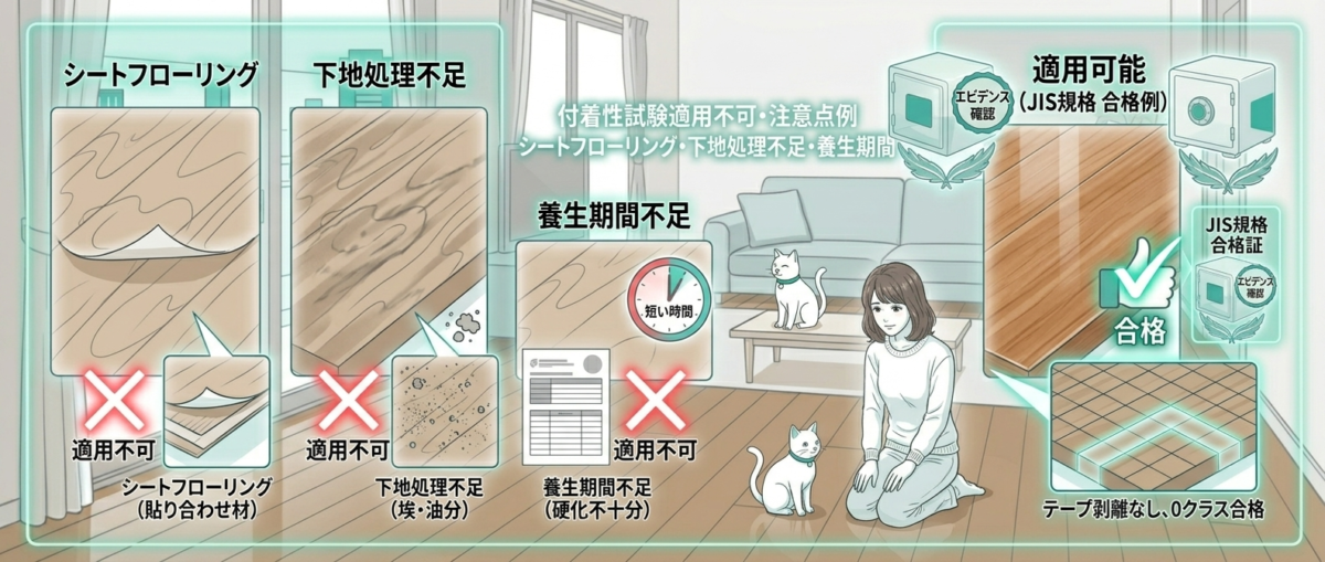 シートフローリングや下地処理不足でコーティング付着性試験が適用できないケースの注意点