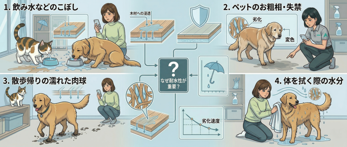 ペット家庭のフローリング水濡れリスクと耐水性コーティングの必要性