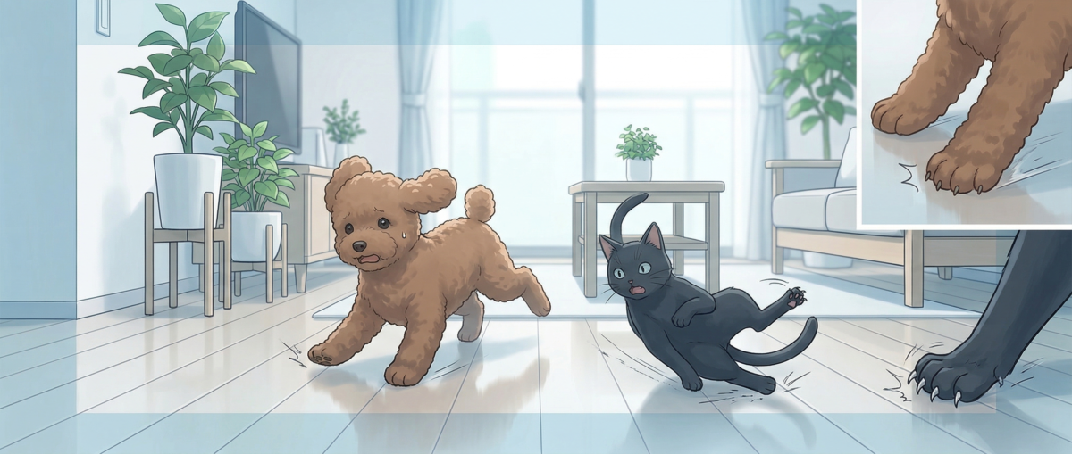 フローリングで滑る犬の関節疾患リスクを示すイメージ