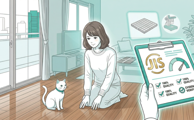 フロアコーティング付着性試験JIS規格によるペット家庭向け品質評価イメージ