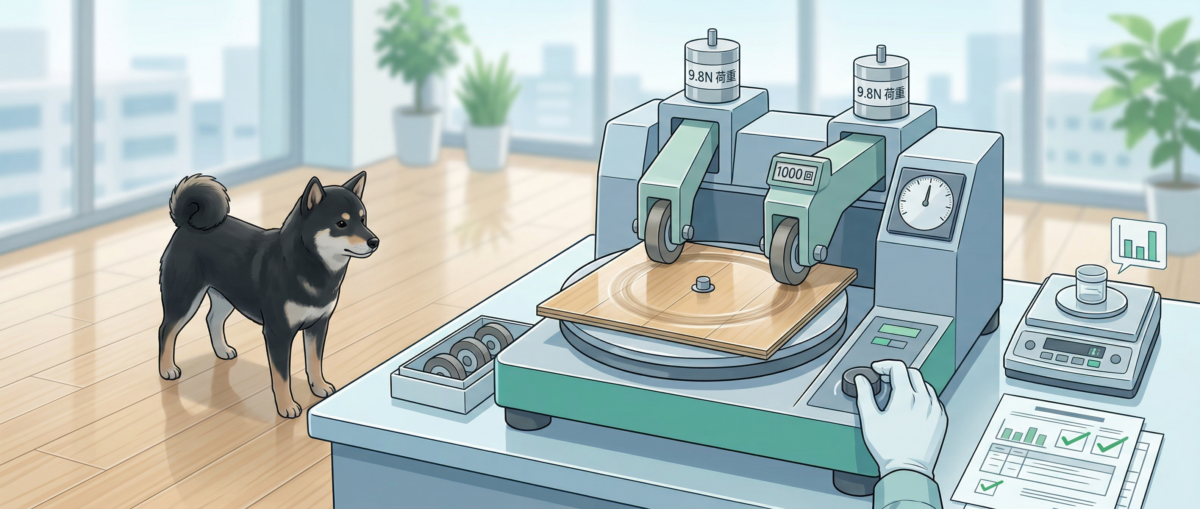 テーバー摩耗試験機でフロアコーティング塗膜の耐傷性を測定するイメージ