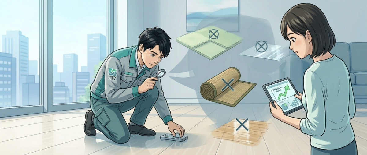 クッションフロアや畳など施工できない床材の注意点を示すイメージ