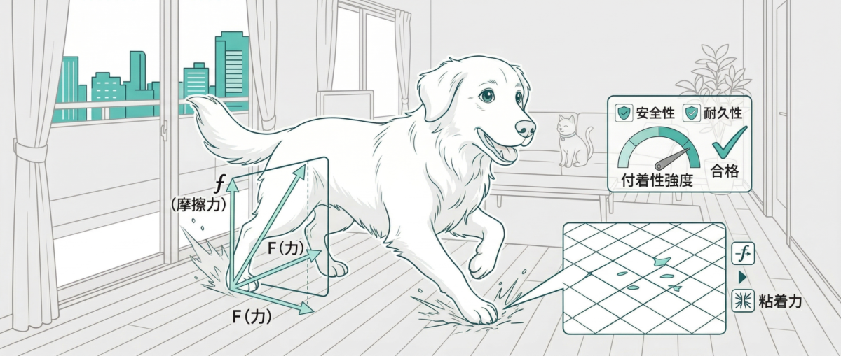 フローリングで走る犬とコーティング付着性の重要性を示すペット家庭イメージ