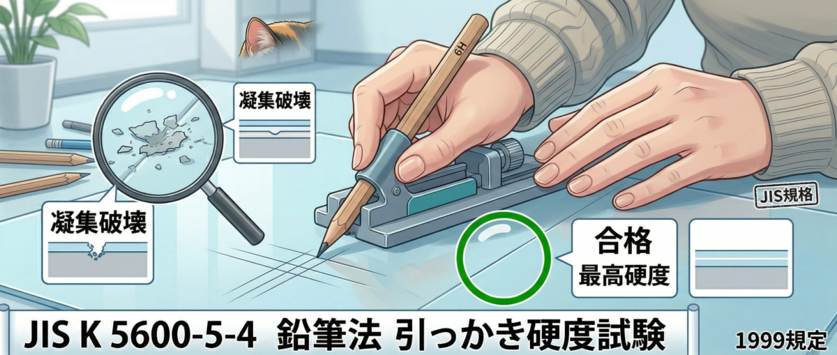 JIS K 5600-5-4鉛筆法による引っかき硬度試験のイメージ図