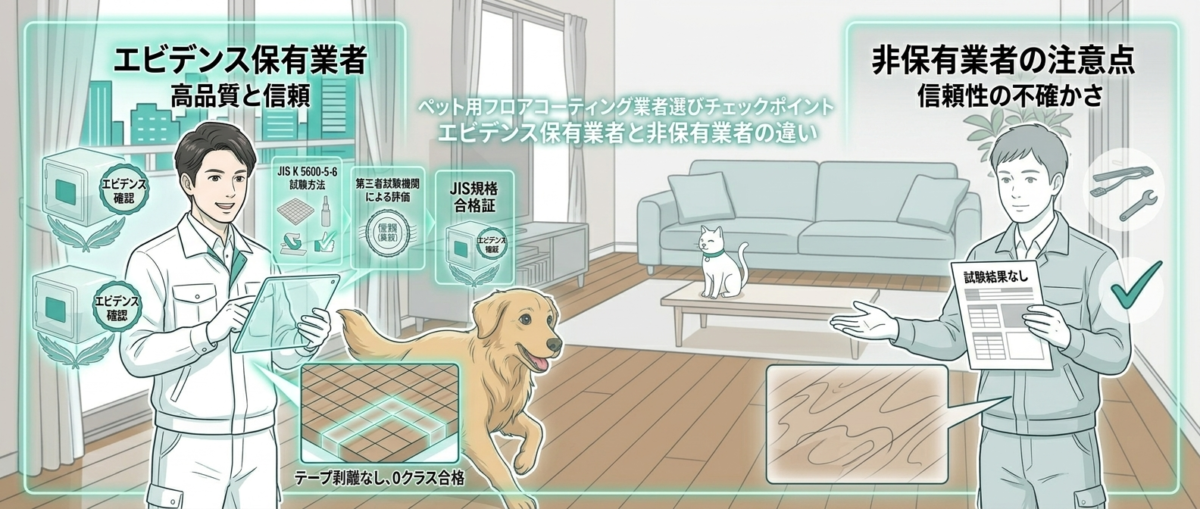 ペット用フロアコーティング業者選びでエビデンス有無を確認するイメージ