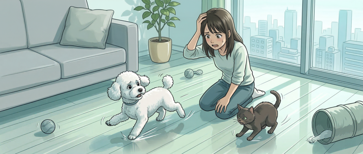 東京マンションのフローリングで滑るペットと困る飼い主のイメージ