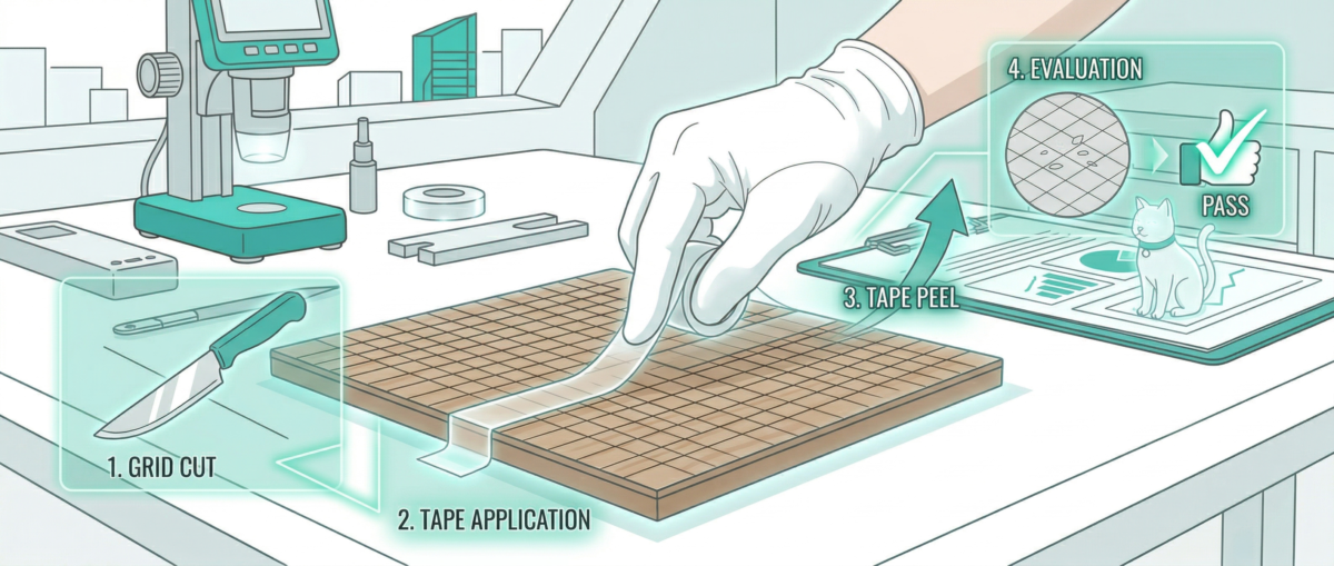 付着性試験クロスカット法の碁盤目状切り込みとテープ剥離評価イメージ