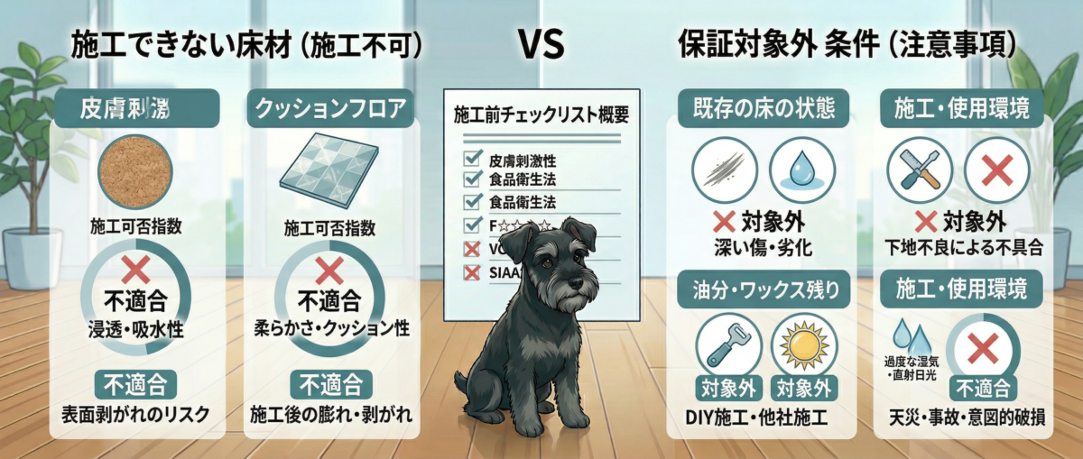 フロアコーティングに向かない床材(コルク・クッションフロア)と保証対象外条件の注意事項