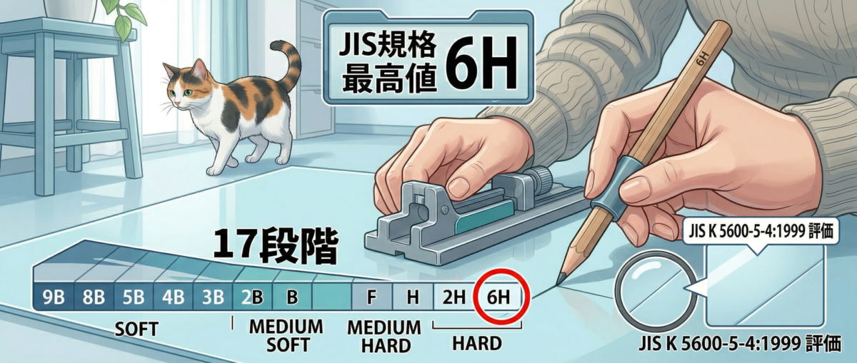 鉛筆硬度スケール9Bから6HまでJIS規格最高値6Hの説明