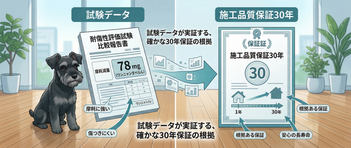 フロアコーティング耐傷性データと施工品質保証30年の関係を示すイメージ