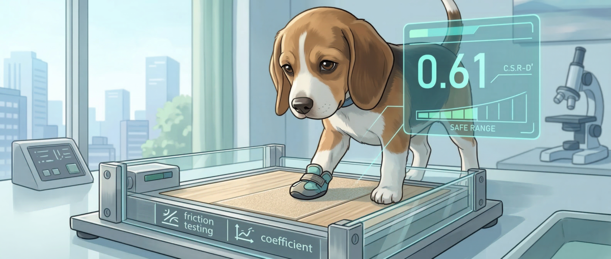 ワンニャンすべらんコーティングのC.S.R-D'値0.61を示す犬専用滑り試験イメージ