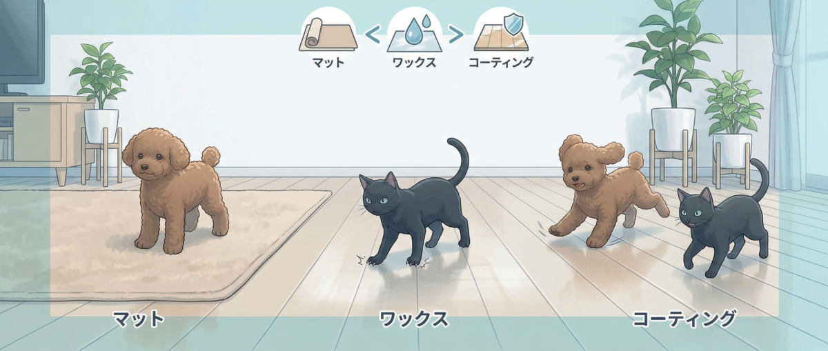 ペット床滑り止め対策のマット・ワックス・フロアコーティング比較