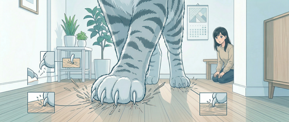 猫の爪がフローリングに傷をつけるメカニズムと転倒リスクのイメージ