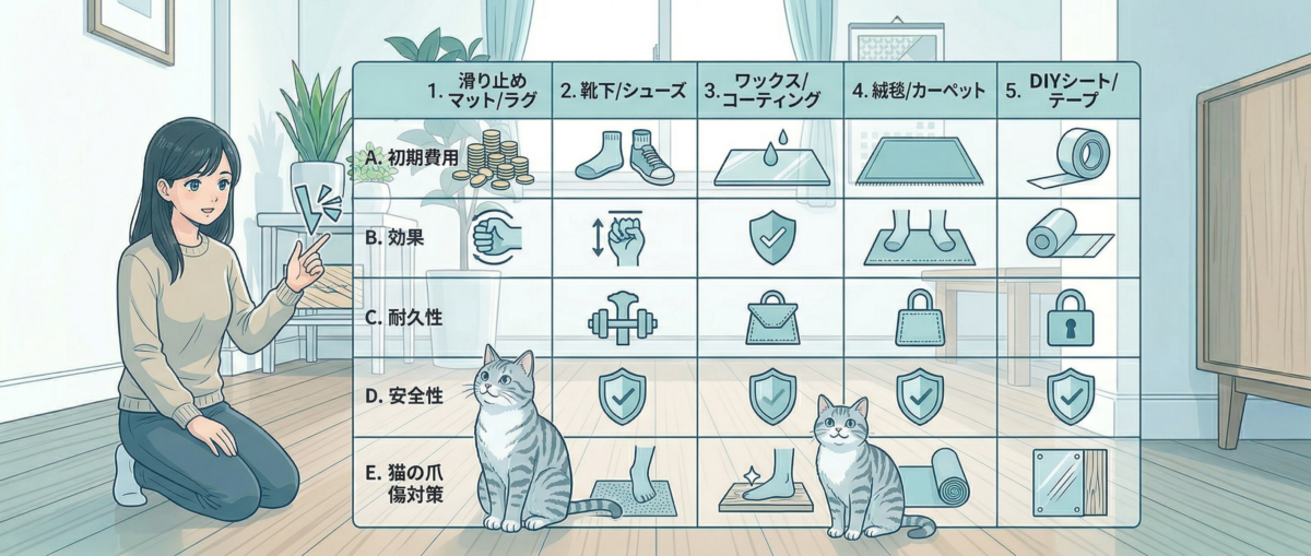猫のフローリング滑り止め対策5種類を比較した一覧のイメージ