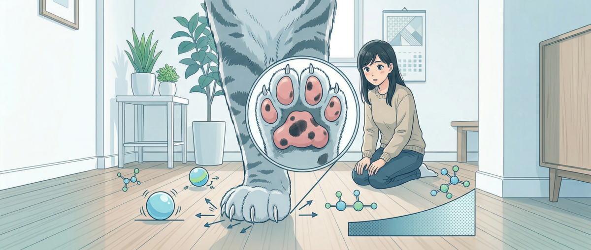 猫の肉球とフローリング摩擦の問題と関節トラブルリスクのイメージ