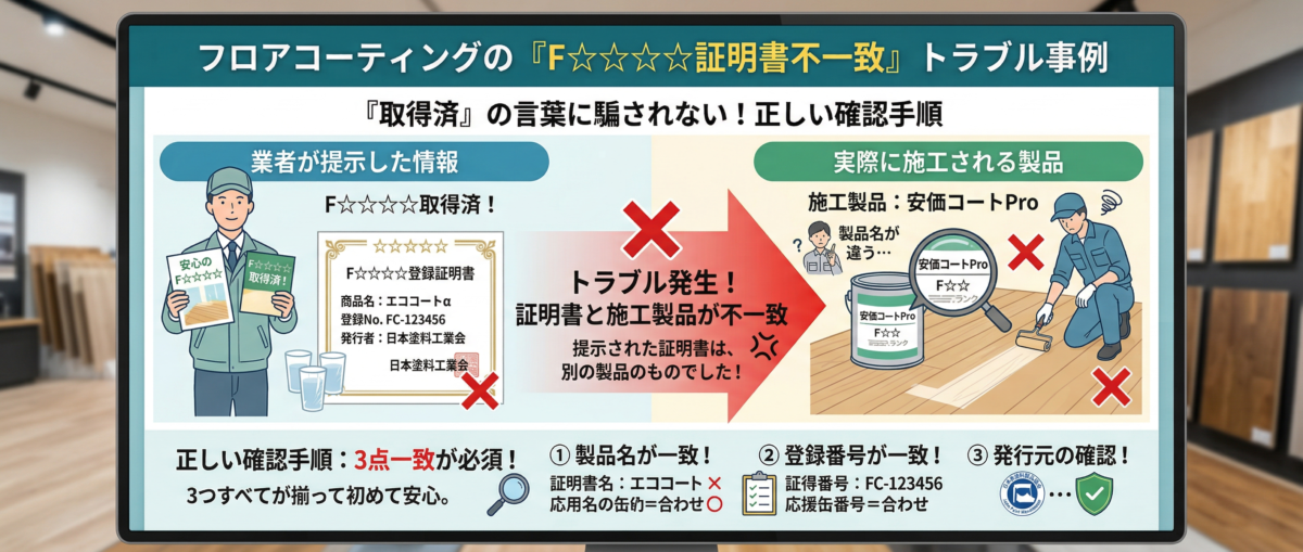 フロアコーティング業者のF☆☆☆☆証明書と施工製品名が一致しないトラブル事例の解説図