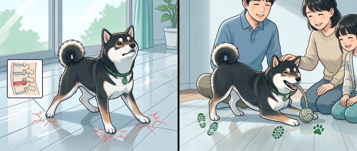 フローリングで歩く犬の椎間板ヘルニアリスクのイメージ画像