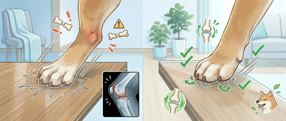 フローリング滑りによる犬の膝蓋骨脱臼・変形性関節症リスクのイメージ