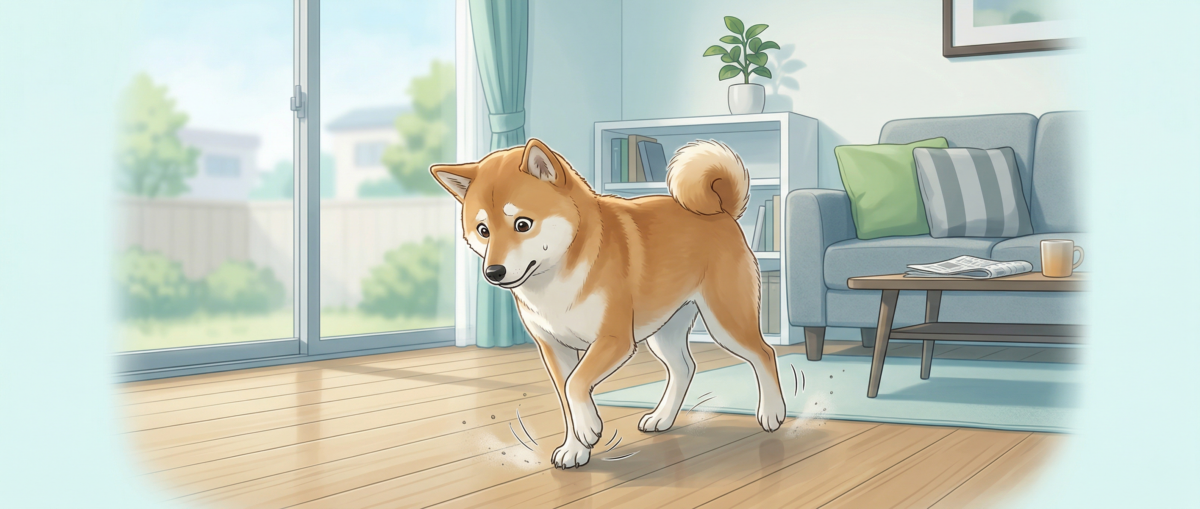フローリングで滑る犬の関節・骨への影響と疾患リスクのイメージ