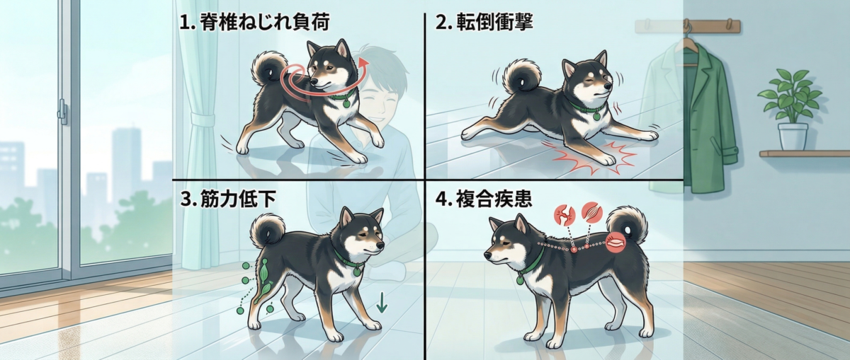 犬がフローリングで滑る際の脊椎ねじれ負荷メカニズム図解