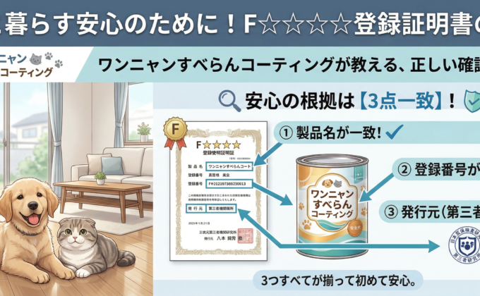 F☆☆☆☆登録証明書の重要性を解説するペット用フロアコーティングのアイキャッチ画像