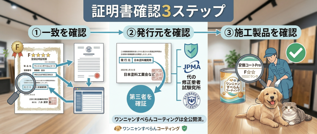F☆☆☆☆登録証明書の製品名・登録番号・発行元を確認する3ステップの解説図