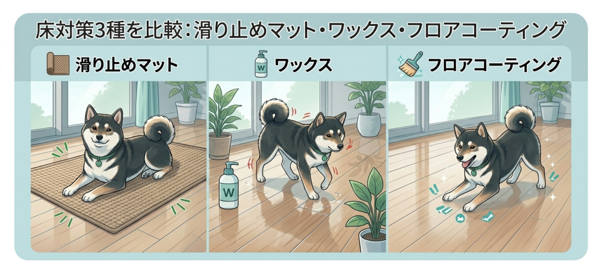 ペット用フロアコーティングと滑り止めマットの効果比較イメージ