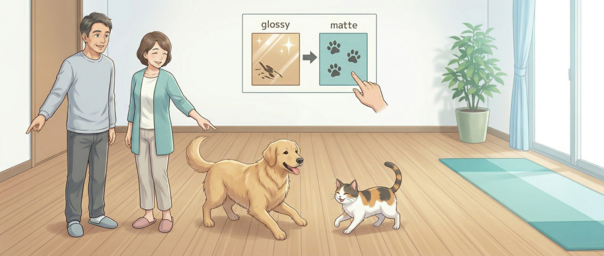 光沢タイプとマット仕上げタイプの施工前後比較・ペットへの影響の違い