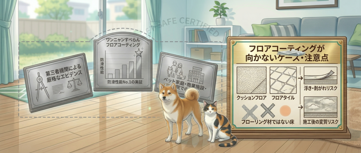 フロアコーティングが向かないケースと床材確認のポイントを示すイメージ