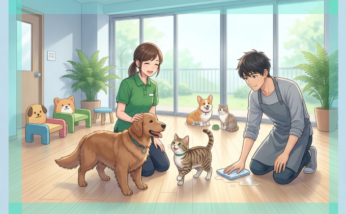 ペット関連施設向けフロアコーティングで床滑り止め対策をするイメージ