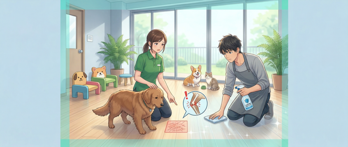 施設内でフローリングを歩くペットの関節リスクと滑り止めの必要性