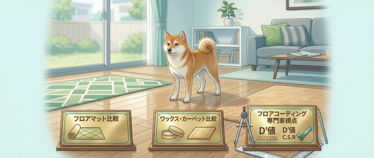 マット・ワックス・フロアコーティングを比較するペット床対策の概念図