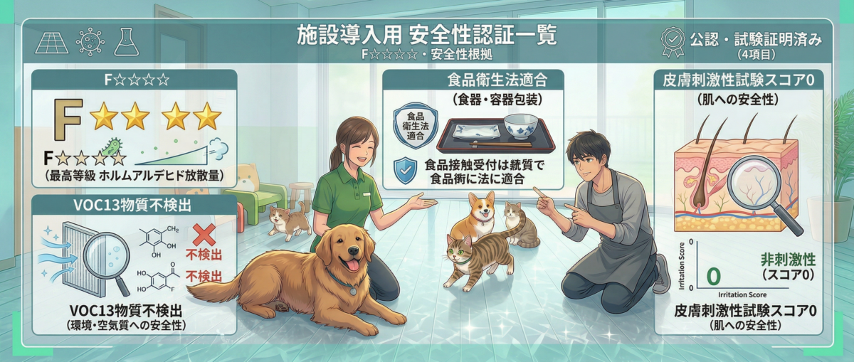 ワンニャンすべらんフロアコーティングの施設向け性能と犬専用試験の特徴