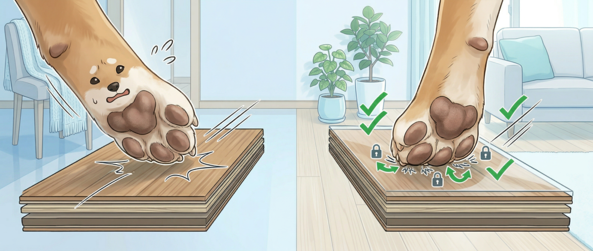シートフローリングの断面構造と犬の肉球グリップ力の比較