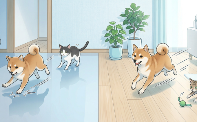 シートフローリングで犬が滑る問題とワンニャンすべらんコーティングのイメージ