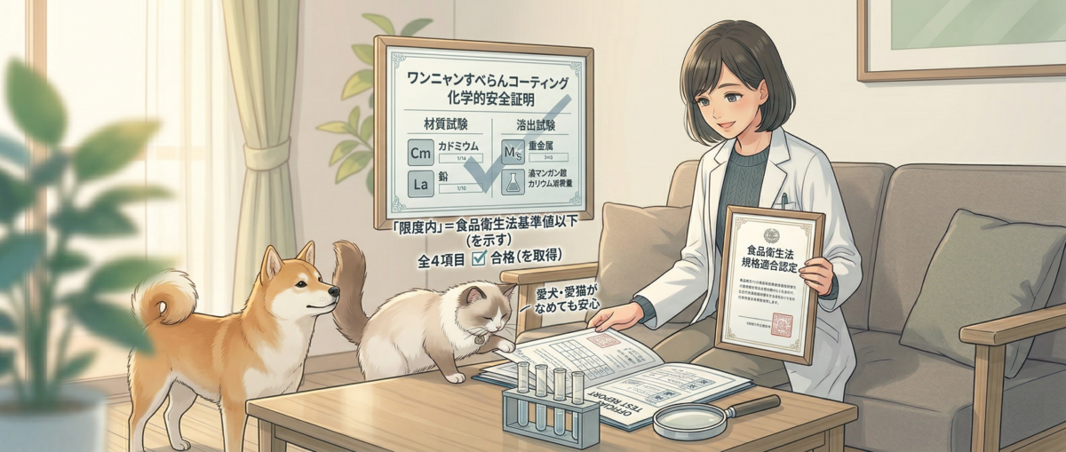 食品衛生法規格試験コラム h2②用画像。試験の4項目(材質試験・溶出試験)の内容を視覚的に示すイメージ。