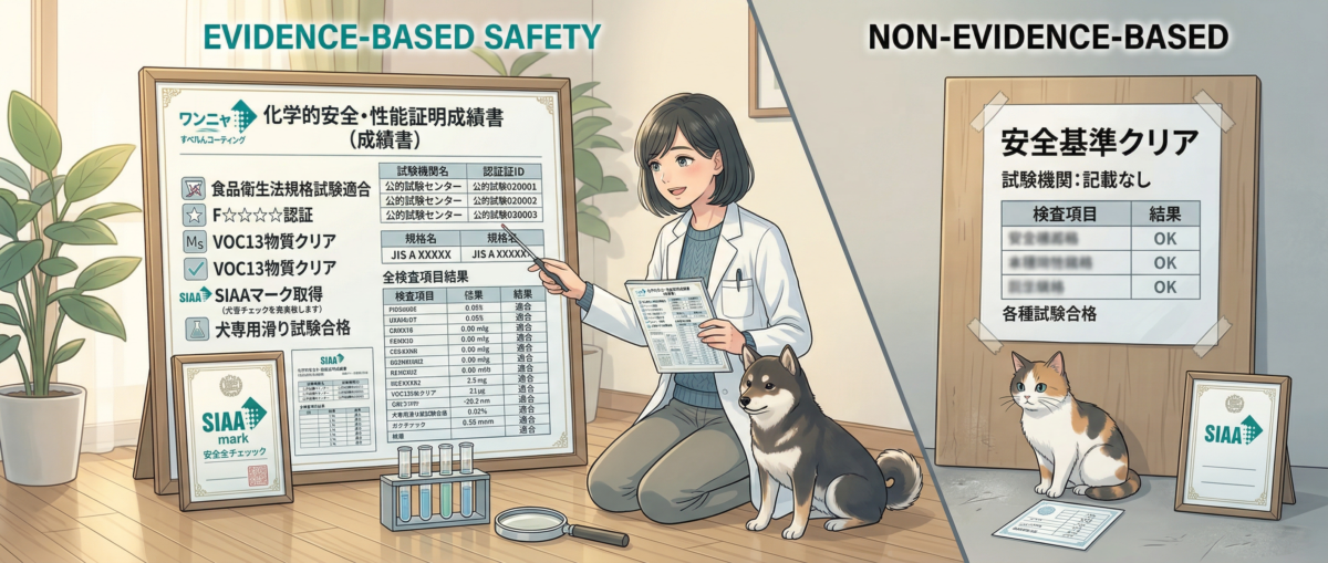 ワンニャンすべらんコーティングの安全性エビデンス一覧(食品衛生法・F☆☆☆☆・SIAA)