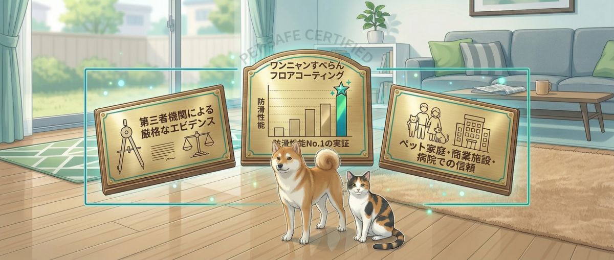 ワンニャンすべらんフロアコーティングの安全性・耐久性エビデンスのイメージ