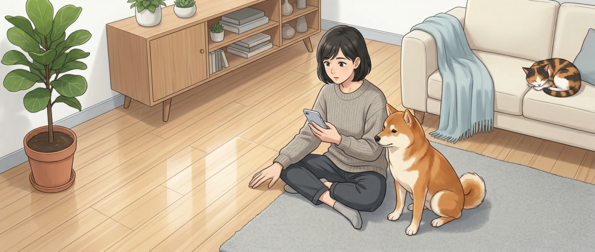 SNSのフロアコーティング情報を見極める飼い主のイメージ