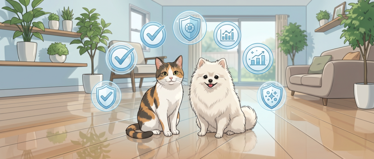 ペット用フロアコーティング安全性の複合エビデンス一覧（VOC・食品衛生法・皮膚刺激性）