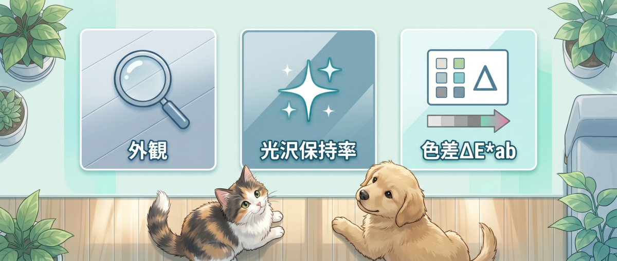 促進耐候性能試験の3評価項目（外観・光沢保持率・色差ΔE*ab）
